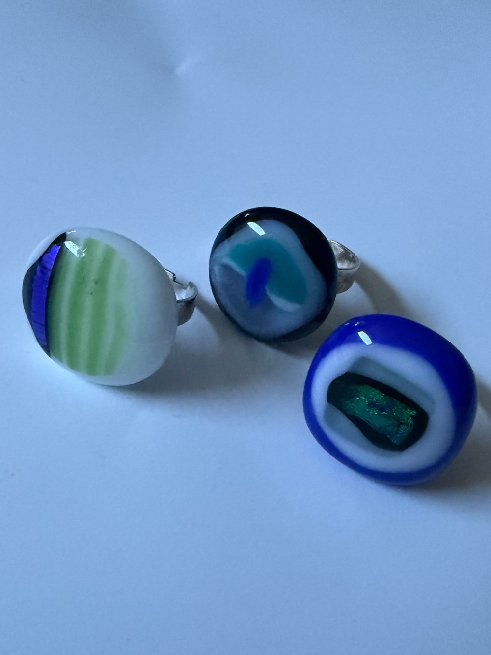 Set of 3 Handmade Glass Statement Ring - Blue, Green & White